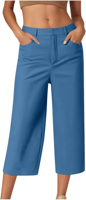 Capri Pants for Women Business Casual Loose Fit Work Cropped Trousers High Waisted Stretchy Capris with Pockets