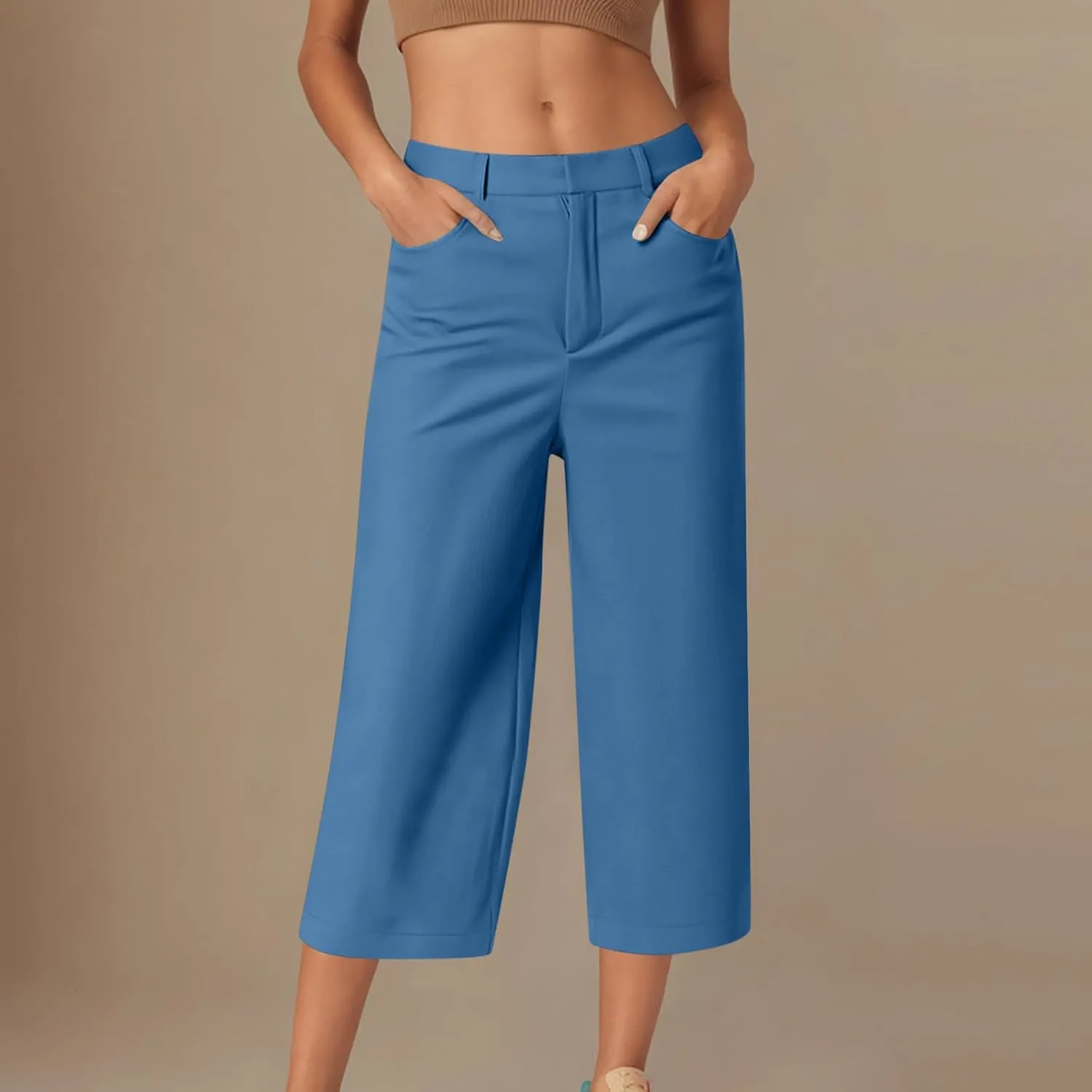 Capri Pants for Women Business Casual Loose Fit Work Cropped Trousers High Waisted Stretchy Capris with Pockets
