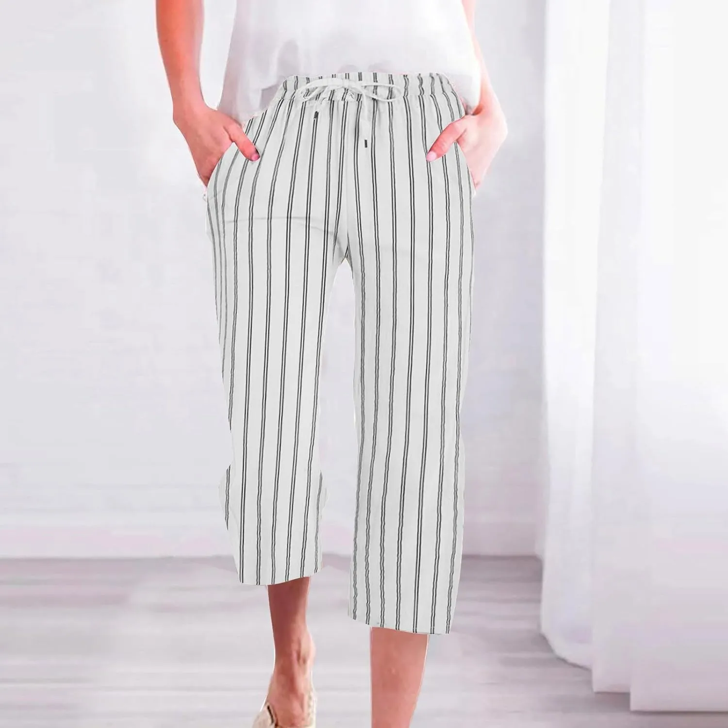Capri Pants for Women Cotton Linen Casual Summer 2025 Wide Leg Loose Drawstring Elastic Waist Striped Cropped Trouser