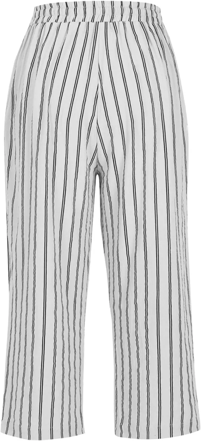 Capri Pants for Women Cotton Linen Casual Summer 2025 Wide Leg Loose Drawstring Elastic Waist Striped Cropped Trouser