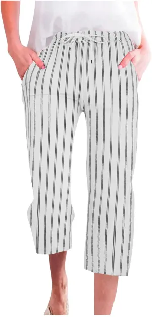 Capri Pants for Women Cotton Linen Casual Summer 2025 Wide Leg Loose Drawstring Elastic Waist Striped Cropped Trouser