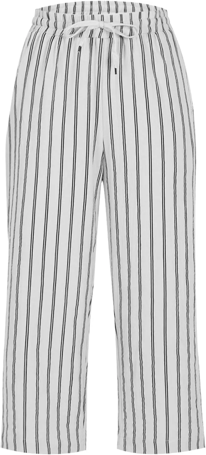 Capri Pants for Women Cotton Linen Casual Summer 2025 Wide Leg Loose Drawstring Elastic Waist Striped Cropped Trouser