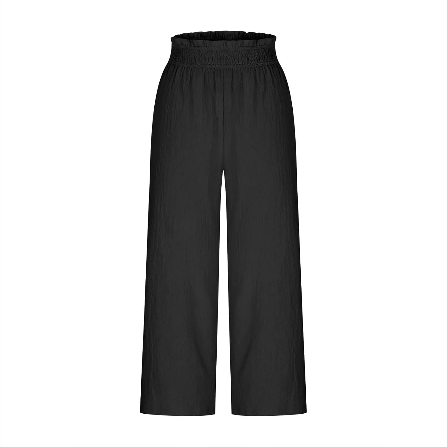 Capri Pants for Women Summer Linen Elastic Waisted Cropped Pants Straight Flowy Wide Leg Trousers with Pockets