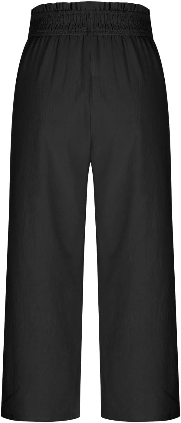 Capri Pants for Women Summer Linen Elastic Waisted Cropped Pants Straight Flowy Wide Leg Trousers with Pockets