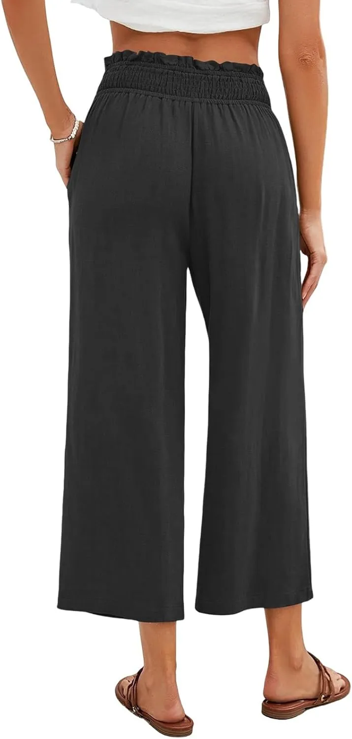 Capri Pants for Women Summer Linen Elastic Waisted Cropped Pants Straight Flowy Wide Leg Trousers with Pockets