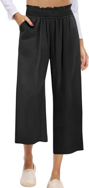 Capri Pants for Women Summer Linen Elastic Waisted Cropped Pants Straight Flowy Wide Leg Trousers with Pockets