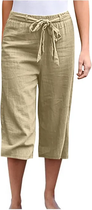 Capris Linen Pants Women Summer 2025 Dressy Casual Wide Leg Lounge Palazzo Pant High Waisted Flowy Beach Crop Trouser