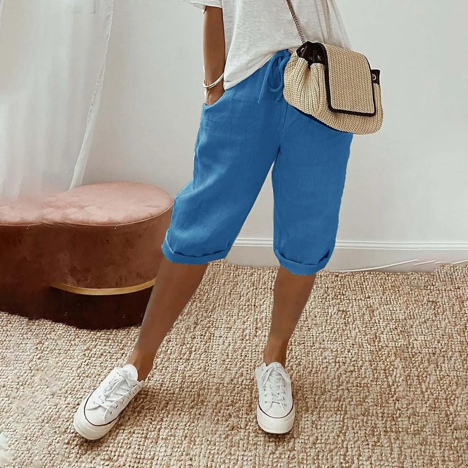 Capris Pants for Women Pants Ladies Loose Drawstring Casual Solid Color Shorts Beach Clothes Linen Pants Women