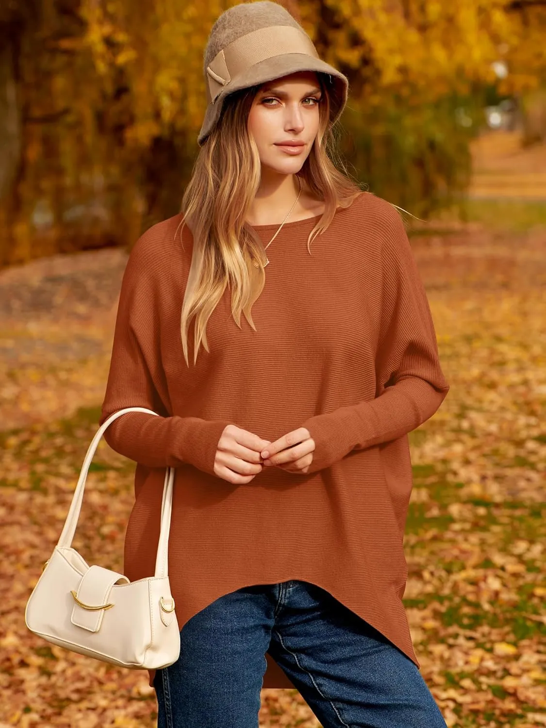 Caracilia Women Boat Neck Batwing Long Sleeve 2024 Fall Oversized Ribbed Knit Pullover Sweaters Baggy Jumper Tunic Tops