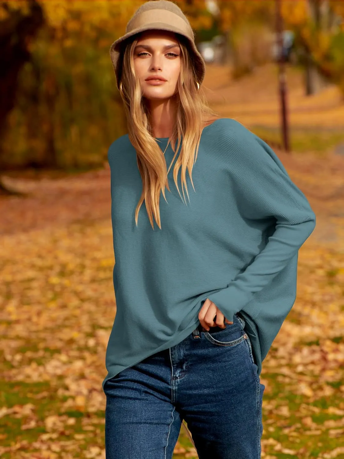 Caracilia Women Boat Neck Batwing Long Sleeve 2024 Fall Oversized Ribbed Knit Pullover Sweaters Baggy Jumper Tunic Tops