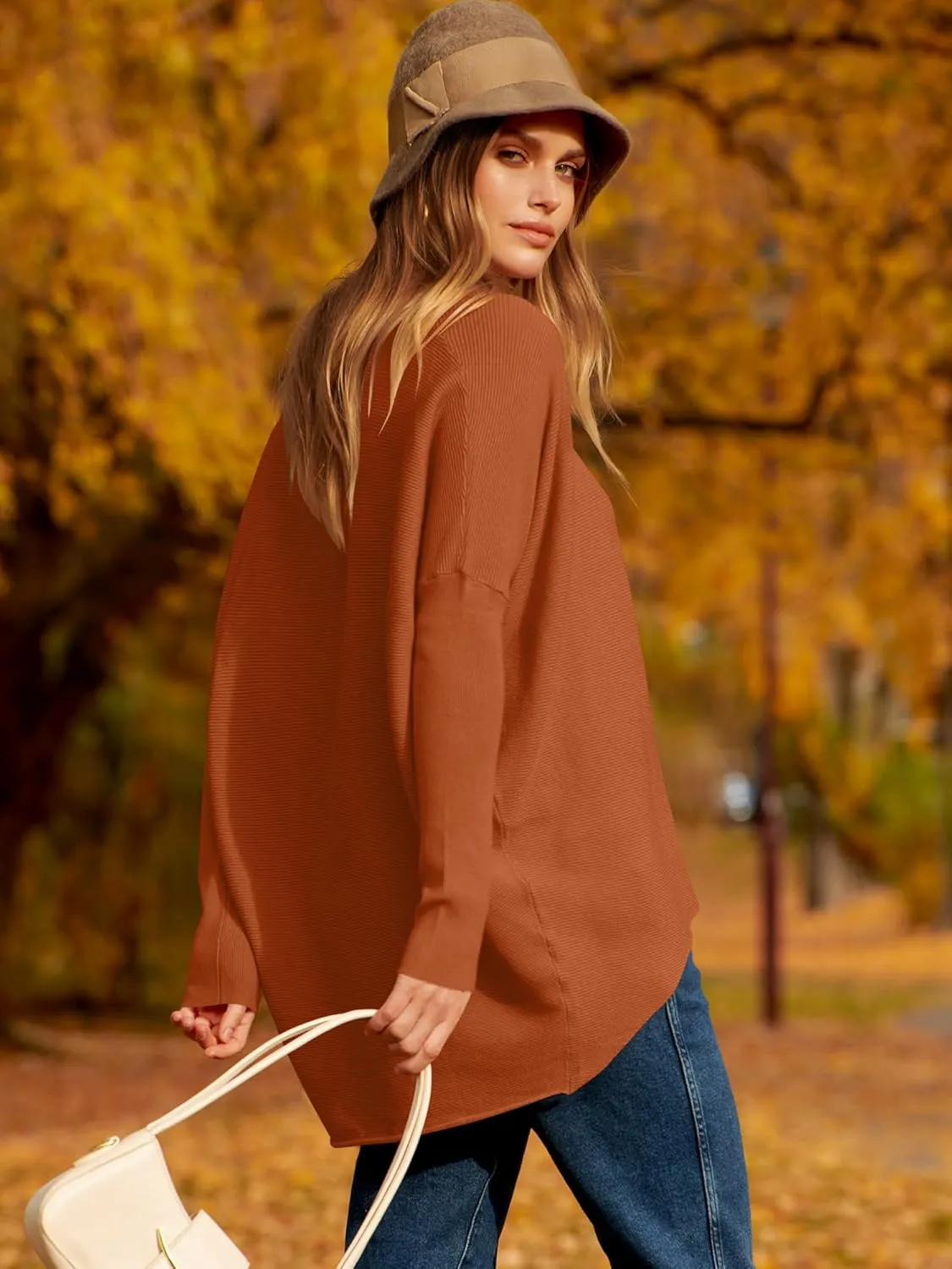 Caracilia Women Boat Neck Batwing Long Sleeve 2024 Fall Oversized Ribbed Knit Pullover Sweaters Baggy Jumper Tunic Tops