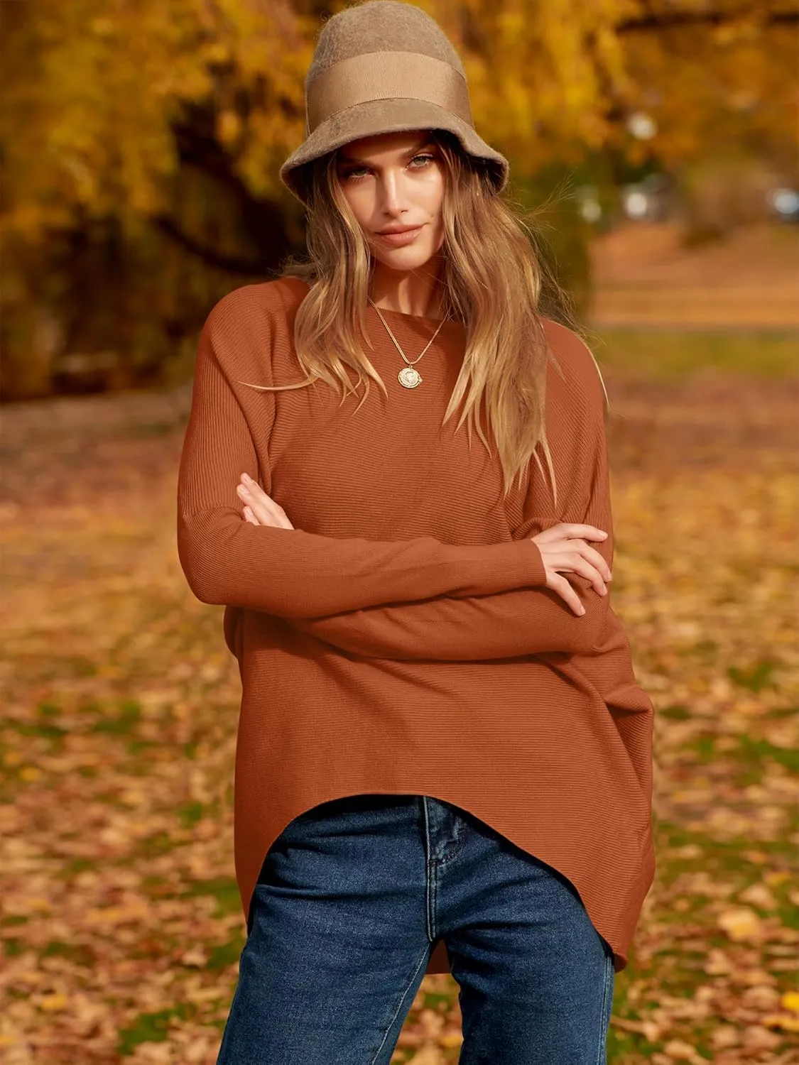 Caracilia Women Boat Neck Batwing Long Sleeve 2024 Fall Oversized Ribbed Knit Pullover Sweaters Baggy Jumper Tunic Tops