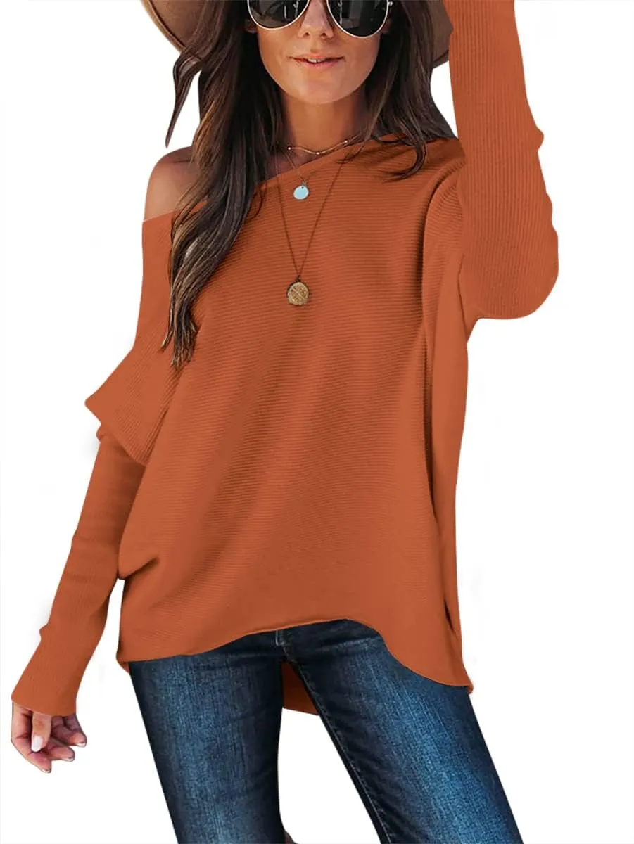 Caracilia Women Boat Neck Batwing Long Sleeve 2024 Fall Oversized Ribbed Knit Pullover Sweaters Baggy Jumper Tunic Tops