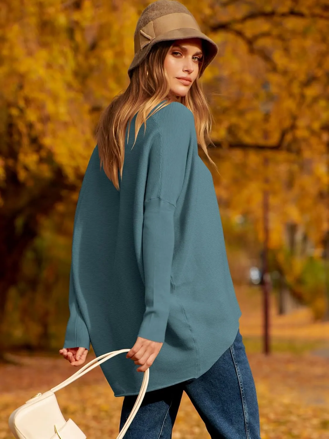 Caracilia Women Boat Neck Batwing Long Sleeve 2024 Fall Oversized Ribbed Knit Pullover Sweaters Baggy Jumper Tunic Tops