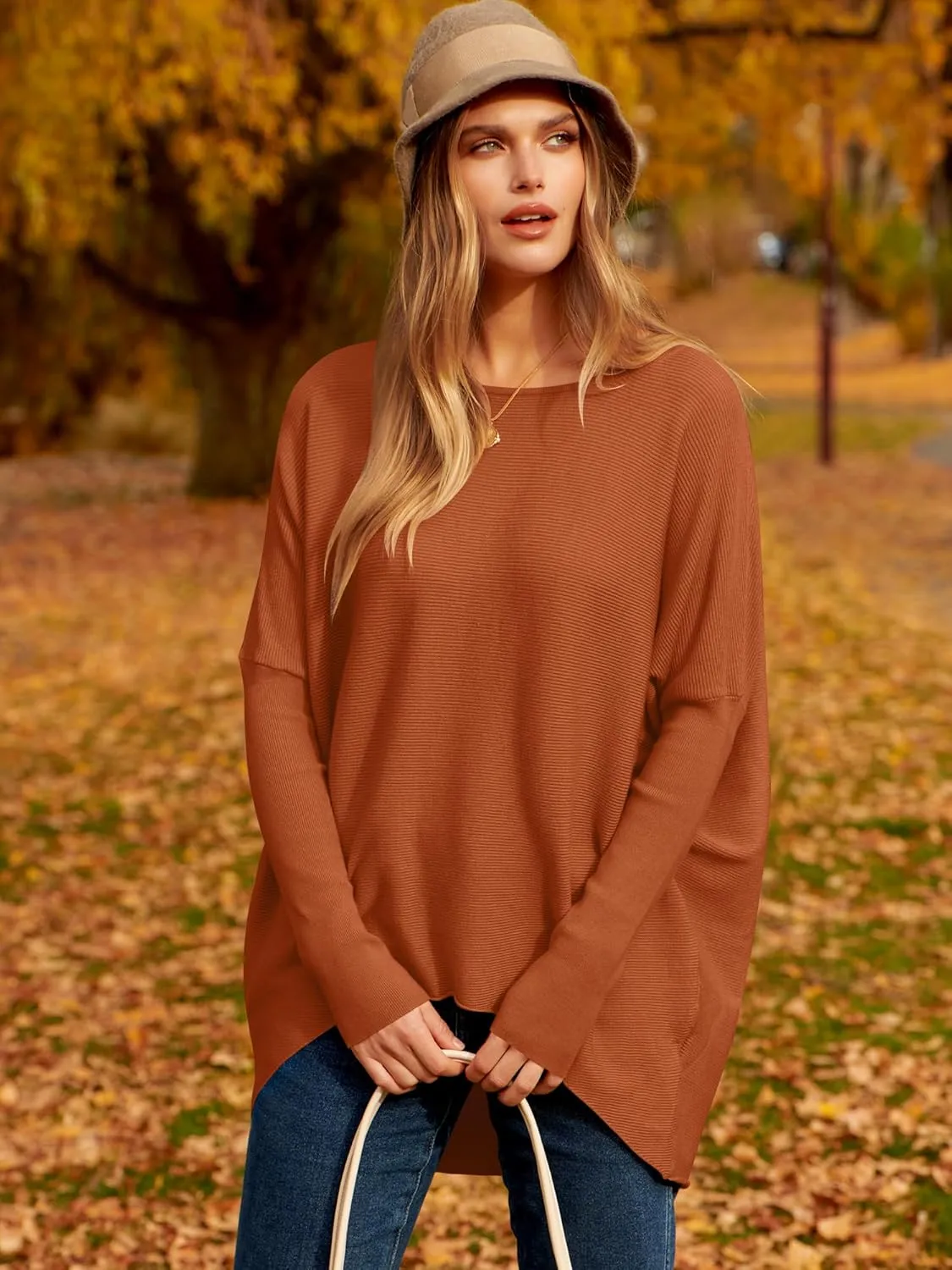 Caracilia Women Boat Neck Batwing Long Sleeve 2024 Fall Oversized Ribbed Knit Pullover Sweaters Baggy Jumper Tunic Tops
