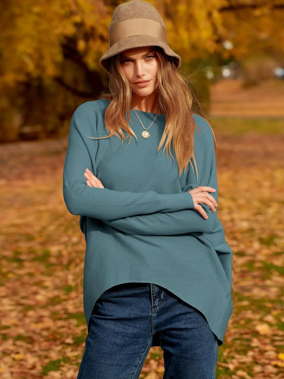 Caracilia Women Boat Neck Batwing Long Sleeve 2024 Fall Oversized Ribbed Knit Pullover Sweaters Baggy Jumper Tunic Tops