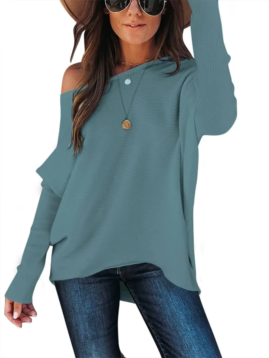 Caracilia Women Boat Neck Batwing Long Sleeve 2024 Fall Oversized Ribbed Knit Pullover Sweaters Baggy Jumper Tunic Tops