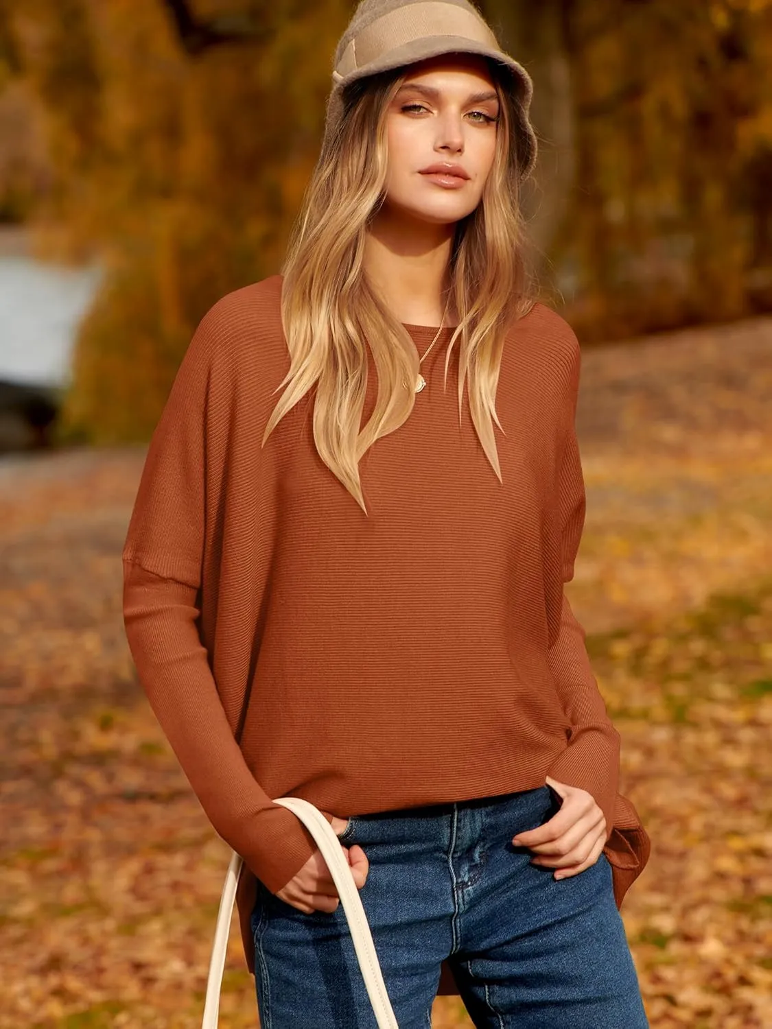 Caracilia Women Boat Neck Batwing Long Sleeve 2024 Fall Oversized Ribbed Knit Pullover Sweaters Baggy Jumper Tunic Tops
