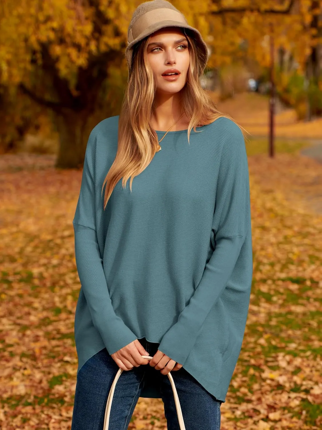 Caracilia Women Boat Neck Batwing Long Sleeve 2024 Fall Oversized Ribbed Knit Pullover Sweaters Baggy Jumper Tunic Tops