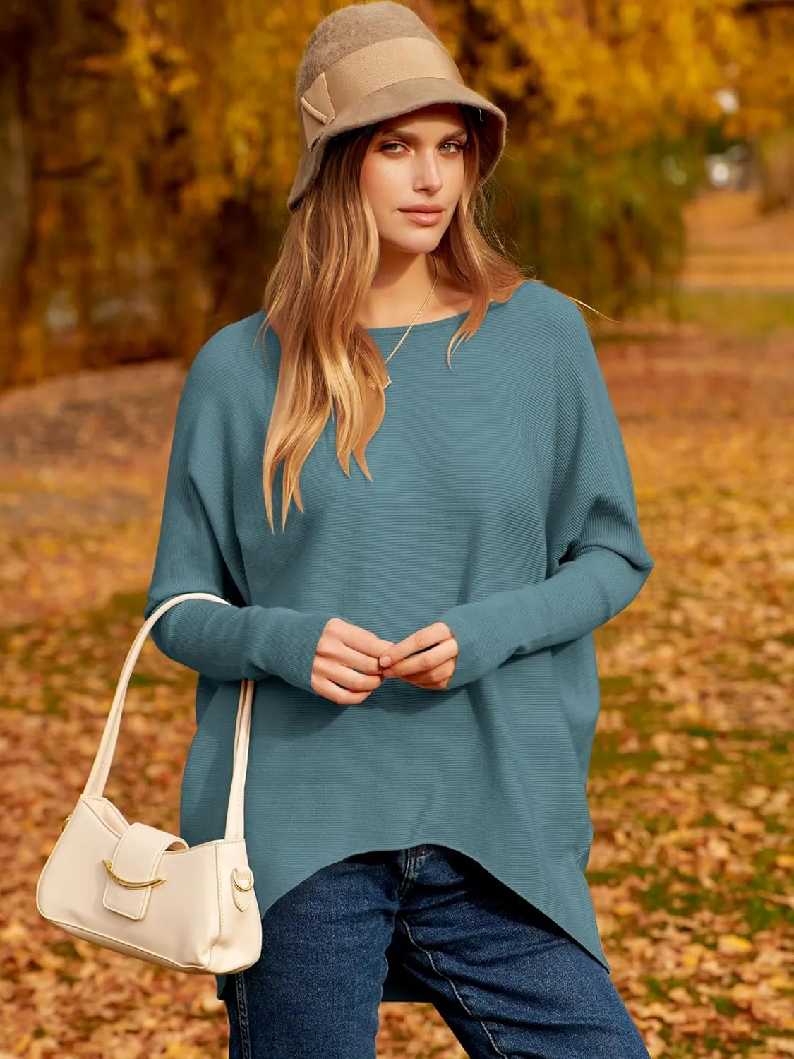 Caracilia Women Boat Neck Batwing Long Sleeve 2024 Fall Oversized Ribbed Knit Pullover Sweaters Baggy Jumper Tunic Tops