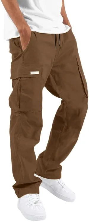 Cargo Pants for Men, Big and Tall Elastic Waist Cotton Woven Sweatpants Causal Rope Multi Pockets Joggers Athletic Pants