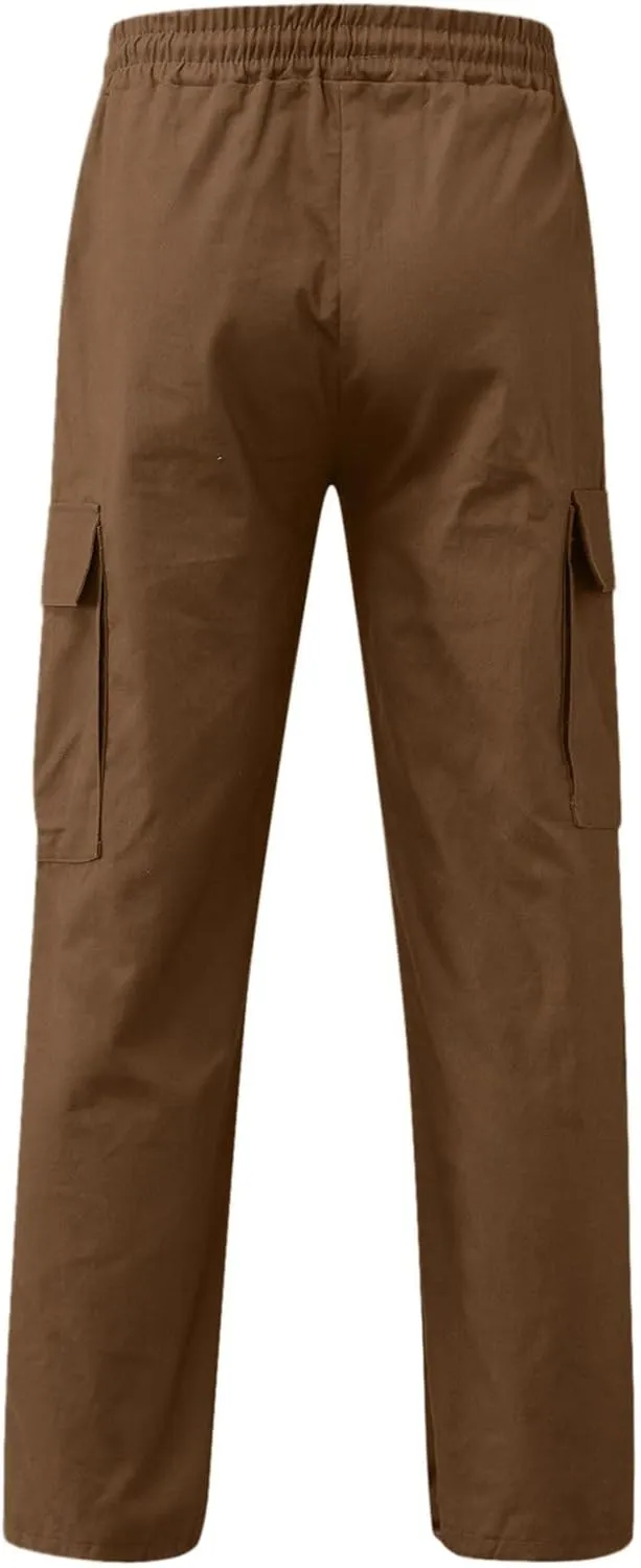 Cargo Pants for Men, Big and Tall Elastic Waist Cotton Woven Sweatpants Causal Rope Multi Pockets Joggers Athletic Pants