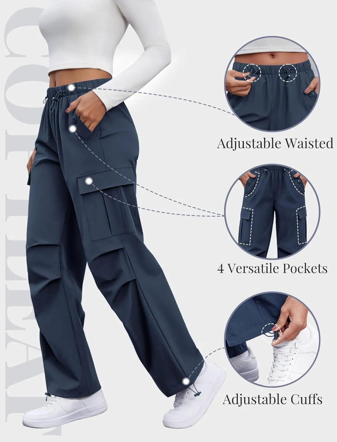 Cargo Pants Women Elastic Waisted Parachute Hiking Pants with Pockets Water-Resistant Lightweight Baggy Pants