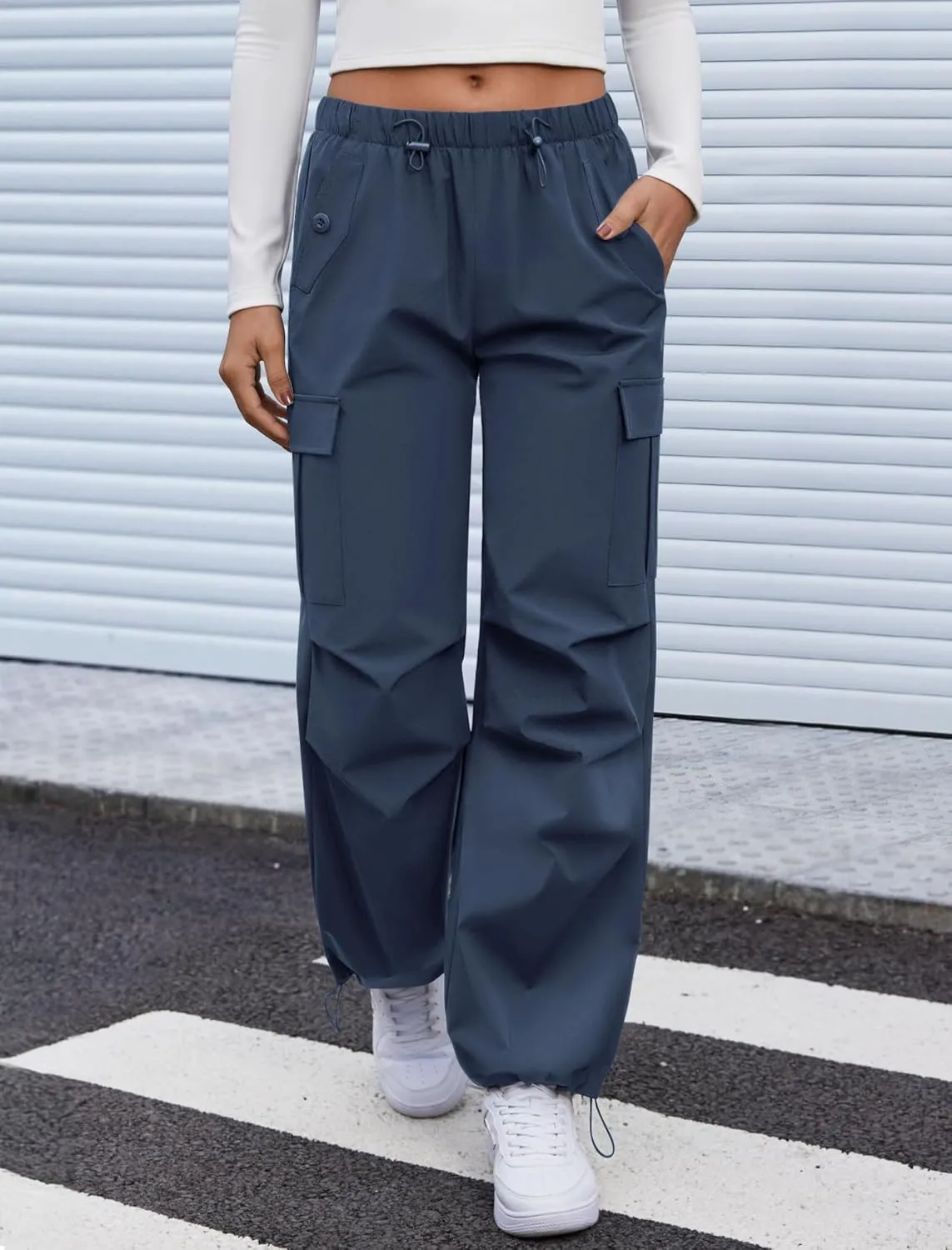 Cargo Pants Women Elastic Waisted Parachute Hiking Pants with Pockets Water-Resistant Lightweight Baggy Pants