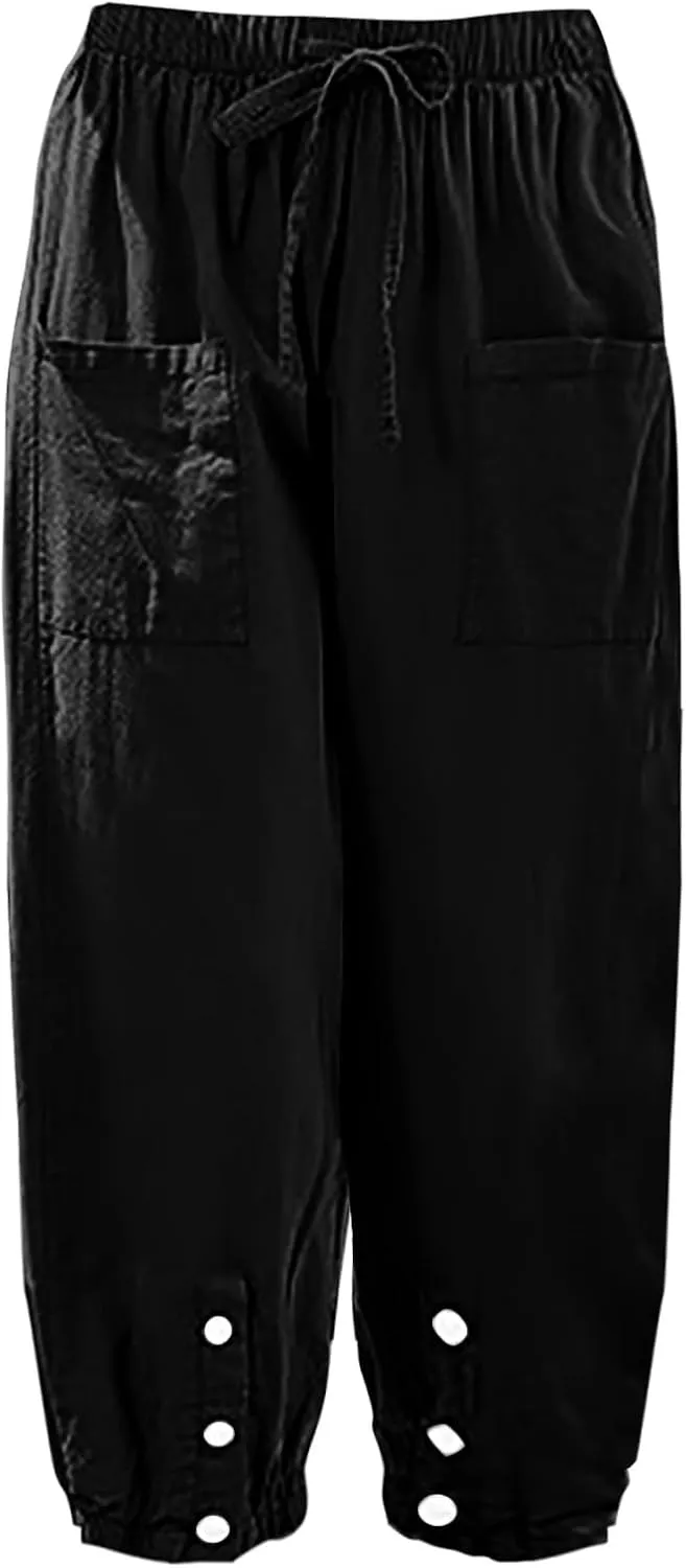 Casual Baggy Harem Pants for Women Elastic High Waisted Summer Lounge Trousers Lantern Barrel Pants with Front Pocket