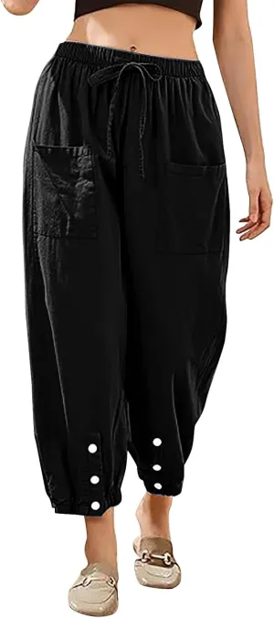Casual Baggy Harem Pants for Women Elastic High Waisted Summer Lounge Trousers Lantern Barrel Pants with Front Pocket