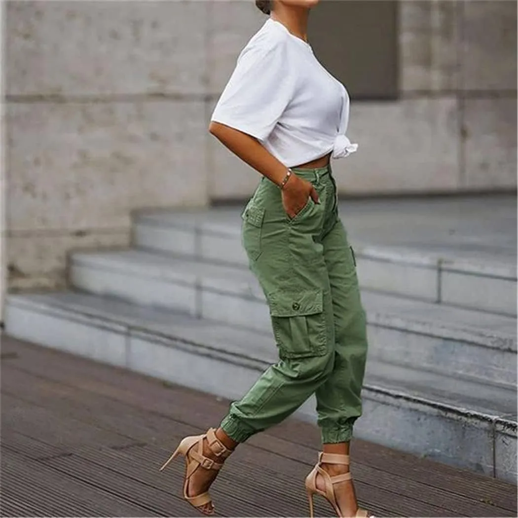 Casual Cargo Stacked Pants, Women Spring Autumn High Waist Harem Pants, Pocket Sweat Pants Jogger Trousers