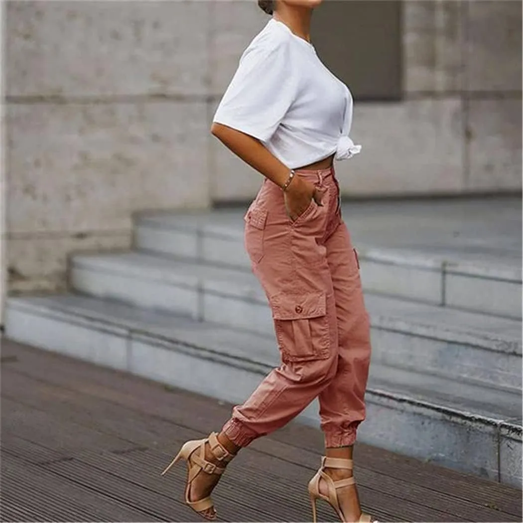 Casual Cargo Stacked Pants, Women Spring Autumn High Waist Harem Pants, Pocket Sweat Pants Jogger Trousers