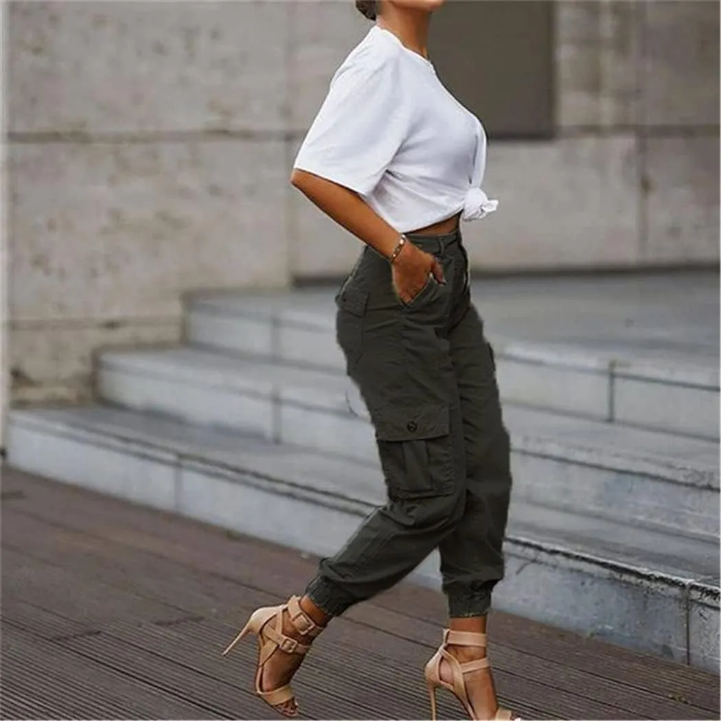 Casual Cargo Stacked Pants, Women Spring Autumn High Waist Harem Pants, Pocket Sweat Pants Jogger Trousers