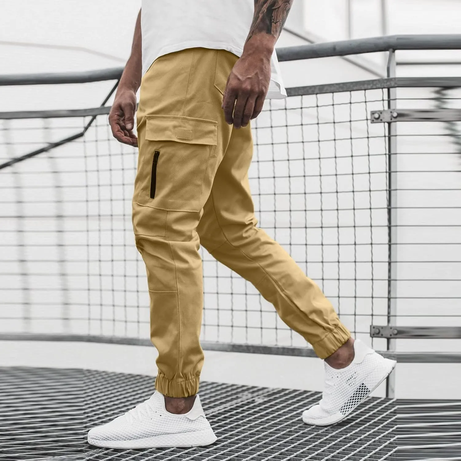 Casual Cinch Bottom Cargo Pants for Men Workout Side Zip Sweatpants Fashion Slim Fit Joggers Trousers with Pocket