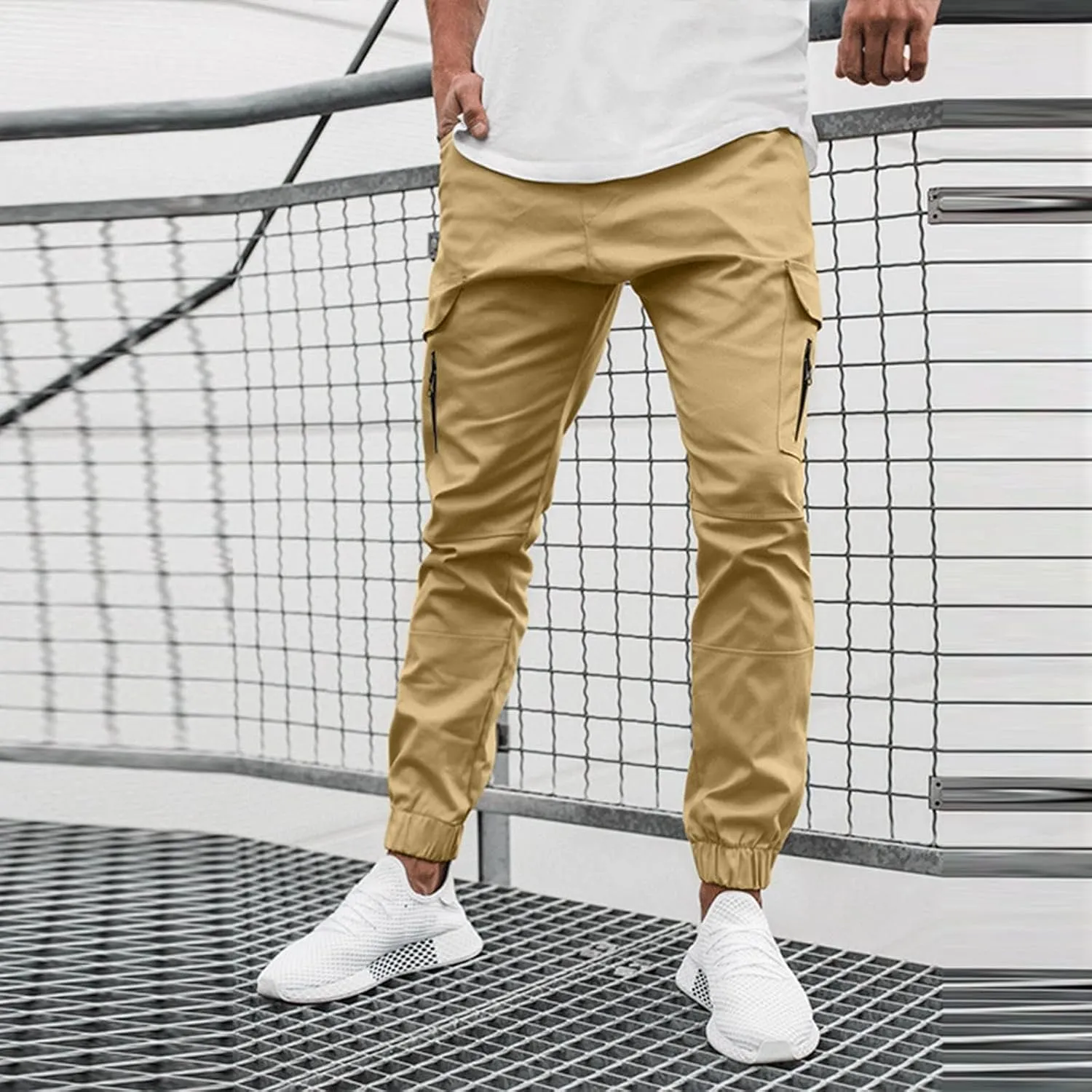 Casual Cinch Bottom Cargo Pants for Men Workout Side Zip Sweatpants Fashion Slim Fit Joggers Trousers with Pocket