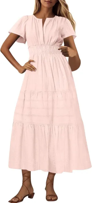 Casual Dresses for Women 2025 High Waisted Summer Vacation Dress Short Sleeve V Neck Holiday Midi Dresses