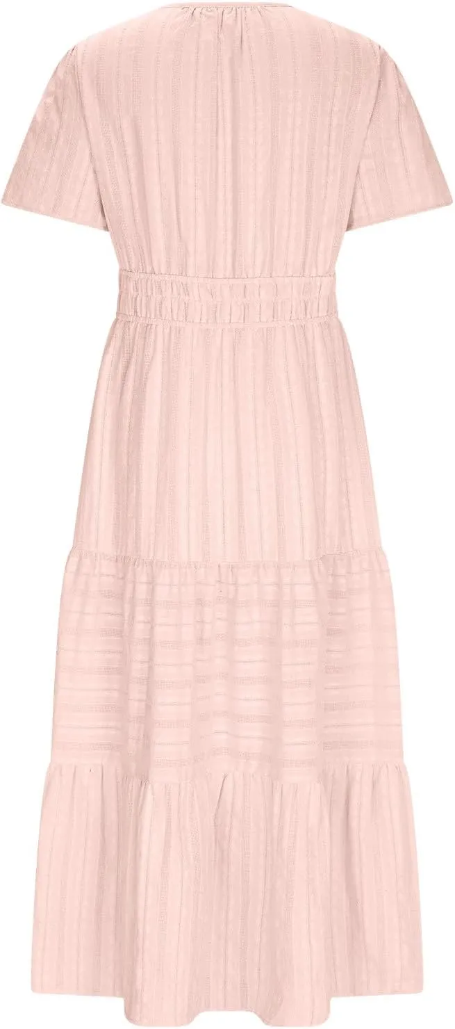 Casual Dresses for Women 2025 High Waisted Summer Vacation Dress Short Sleeve V Neck Holiday Midi Dresses