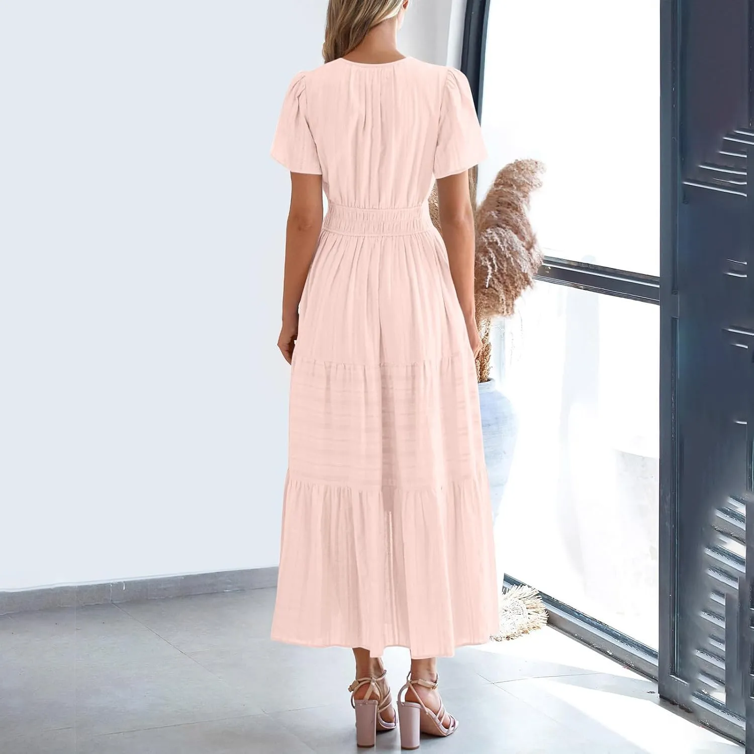 Casual Dresses for Women 2025 High Waisted Summer Vacation Dress Short Sleeve V Neck Holiday Midi Dresses