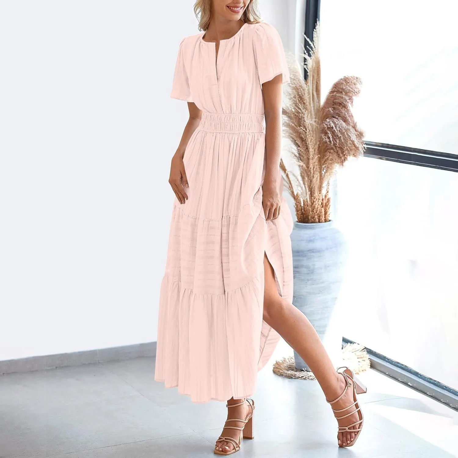 Casual Dresses for Women 2025 High Waisted Summer Vacation Dress Short Sleeve V Neck Holiday Midi Dresses