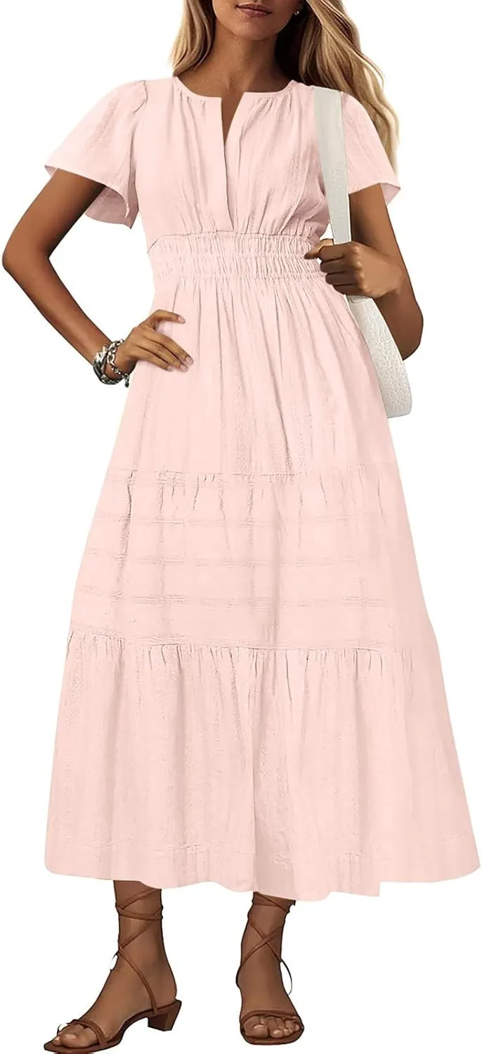 Casual Dresses for Women 2025 High Waisted Summer Vacation Dress Short Sleeve V Neck Holiday Midi Dresses