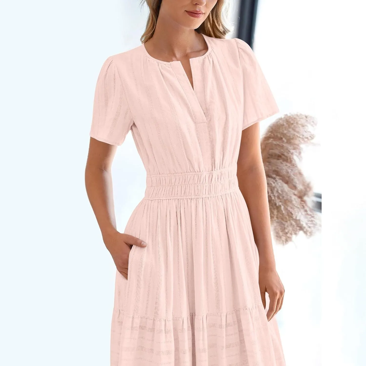 Casual Dresses for Women 2025 High Waisted Summer Vacation Dress Short Sleeve V Neck Holiday Midi Dresses