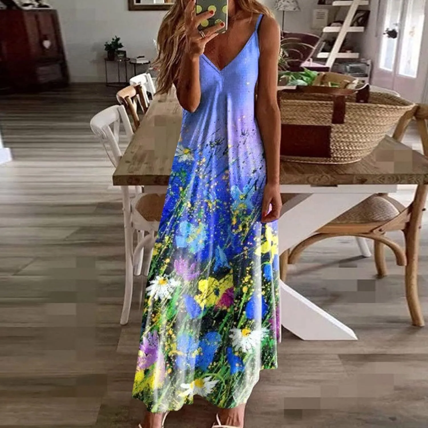 Casual Fashion Women's Sling Slim Fit Slim Long Swing Sleeveless Print Dress Blossoms Strap Dress