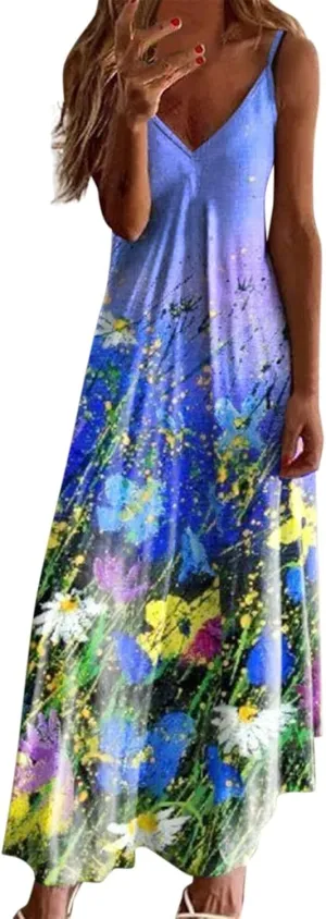 Casual Fashion Women's Sling Slim Fit Slim Long Swing Sleeveless Print Dress Blossoms Strap Dress