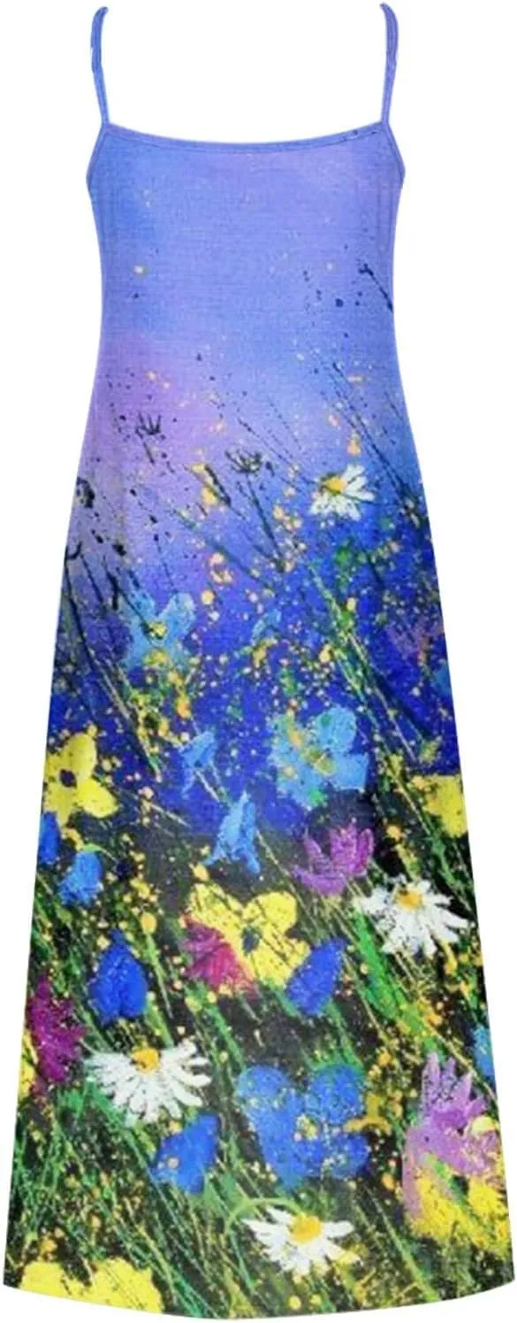 Casual Fashion Women's Sling Slim Fit Slim Long Swing Sleeveless Print Dress Blossoms Strap Dress