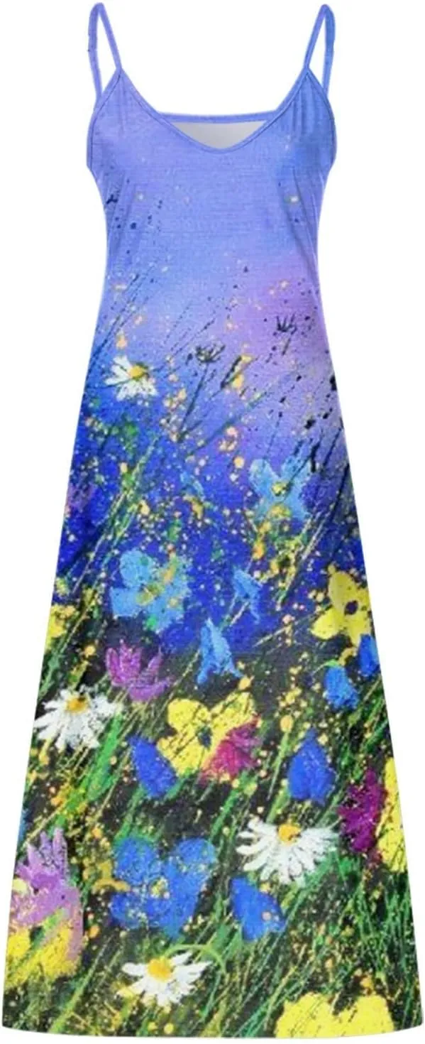Casual Fashion Women's Sling Slim Fit Slim Long Swing Sleeveless Print Dress Blossoms Strap Dress
