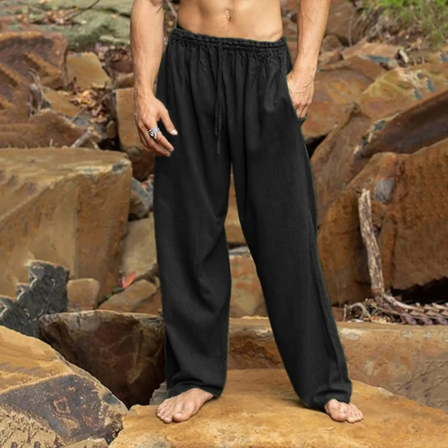 Casual Pants Men Summer Trouser Pants Casual Loose Joggers Lightweight Straight Stretch Sports Pants with Pockets