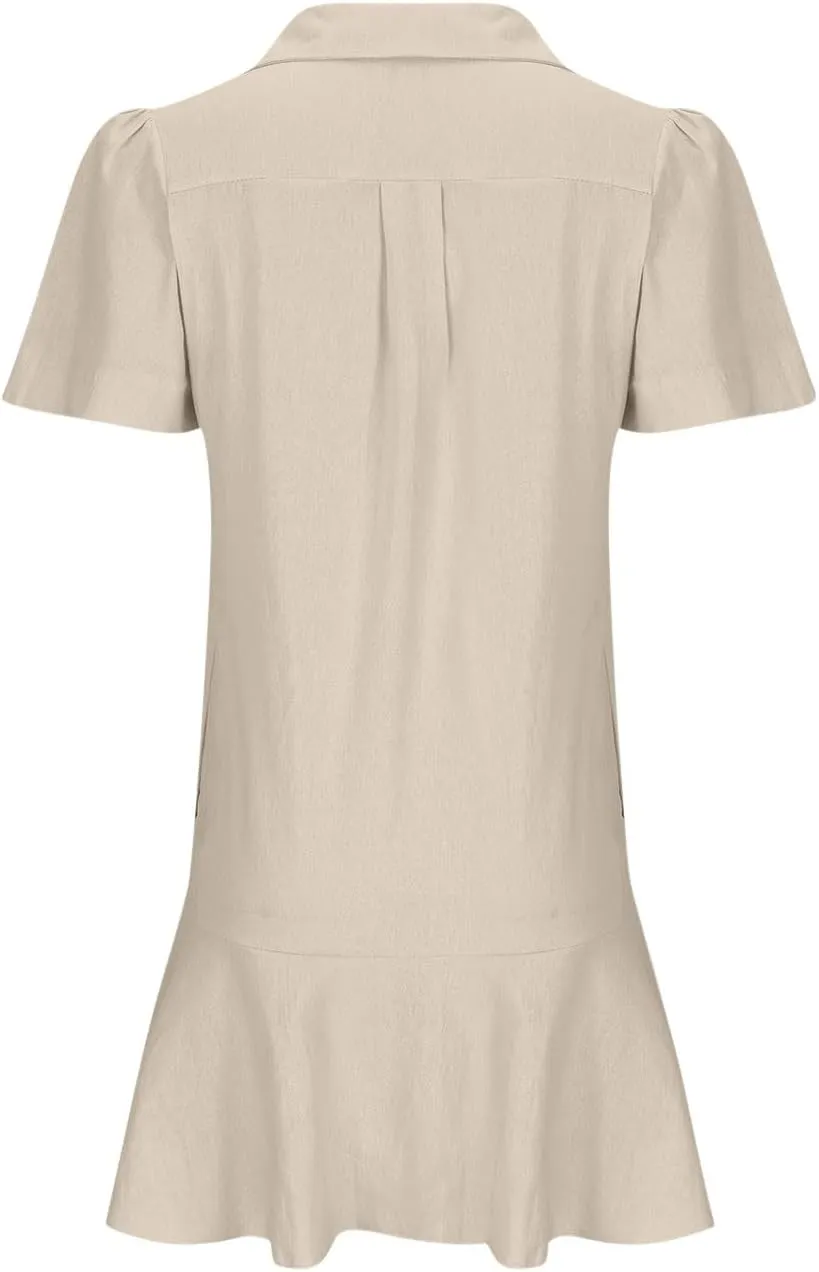 Casual Shirt Dress for Women, Button Down V Neck Lapel A Line Dress Puff Short Sleeve Ruffle Sundress Preppy Outfit