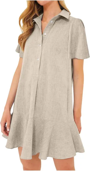 Casual Shirt Dress for Women, Button Down V Neck Lapel A Line Dress Puff Short Sleeve Ruffle Sundress Preppy Outfit