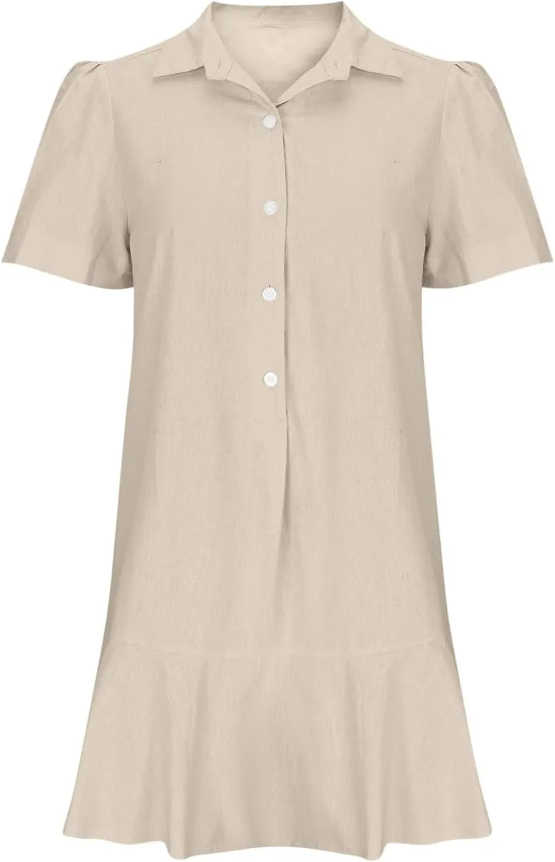 Casual Shirt Dress for Women, Button Down V Neck Lapel A Line Dress Puff Short Sleeve Ruffle Sundress Preppy Outfit