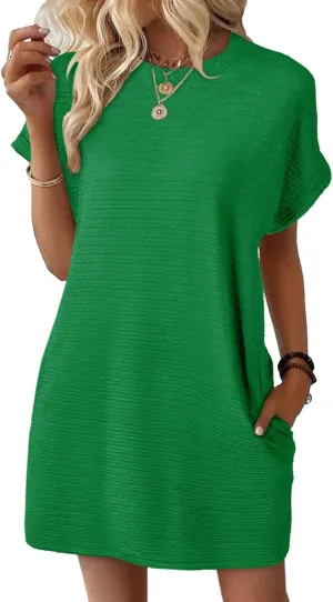 Casual Summer Dresses for Women Short Sleeve Crewneck Tshirt Dress Beach Vacation Mini Sundress with Pockets